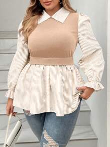 Nubod Plus Size Women Casual Patchwork Striped Mock 2 Pieces Top For Spring And Autumn Fall Cloth For Women - Khaki - View 6