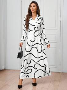 SHEIN Clasi 女士优雅休闲 V 领长袖褶皱开衩连衣裙 - 黑與白 - 查看 4