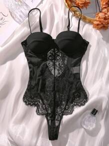 EmpressEnvy Contrast Lace Mesh Push Up Teddy Bodysuit Lingerie - Black - View 8