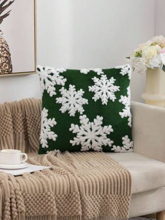 1pc Christmas Tree, Reindeer & Snowflake Plush Cushion Pillow Covers , Suitable For Living Room, Bedroom Decoration, All Seasons