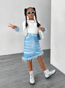 SHEIN 2pcs/Set Tween Girls Blue Furry Splicing Sleeve White T-Shirt & Denim Effect Print Skirt Street Fashion Outfit - White - View 6