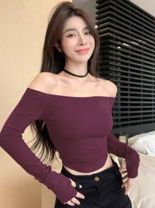DAZY 女士纯色简约露肩T恤，秋季服装，返校服装，长袖女式上衣，外出上衣 - 玫瑰紅 - 查看 4