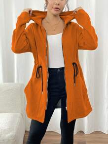 SHEIN LUNE Women Autumn/Winter Drawstring Waist Loose Casual Hooded Jacket