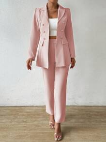 Chiquease Traje informal de oficina con blazer de doble botonadura de manga larga y pantalones de unicolor para mujer, apto para primavera y otoño - Rosa Pálido - Ver 1