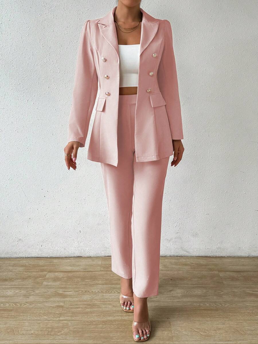Chiquease Traje informal de oficina con blazer de doble botonadura de manga larga y pantalones de unicolor para mujer, apto para primavera y otoño - Rosa Pálido - Ver 1