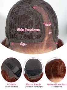 Glueless lockige Bob Spitzenfront Perücke aus Echthaar, transparente, vorgeschnittene Superwell Spitzenfront Bob Perücke mit vorgezupftem Seitenscheitel, rötlich-braun, Tiefwellige Wellen, einfach zum Anziehen und Tragen