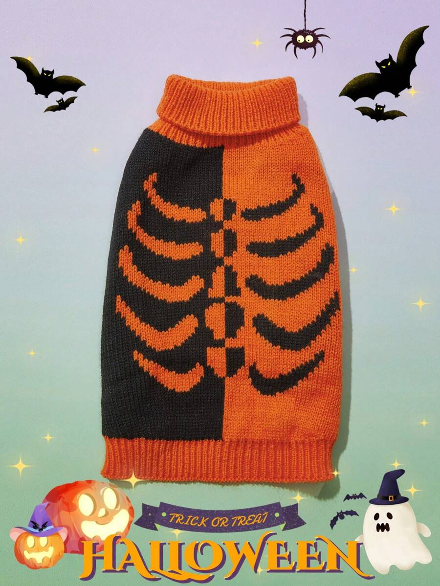 PETSIN 1 buc. Animal de companie Halloween Negru Portocaliu Contrast Scheleton Cozy Warm Dog Pulover