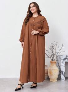 Al Najma 加大码长袖纯色纹理面料蕾丝边长袍连衣裙，朴素休闲衬衫长裙，适合旅行/休闲/居家/度假