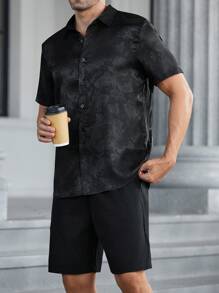 Manfinity Homme 2pcs Men's Shirt Collar Buttoned Short Sleeve Top And Shorts Set - Black - View 6