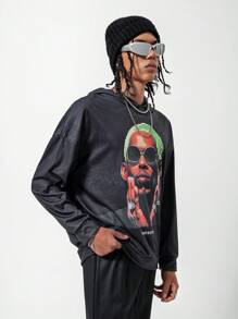 SHEIN 青少年男童休闲时尚人像图案长袖卫衣 - 黑色 - 查看 5