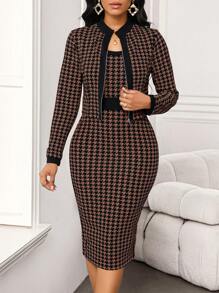 SHEIN Lady 2 件套女士商务套装 - 黑色千鸟格印花短夹克和修身裙 - 咖啡棕 - 查看 5