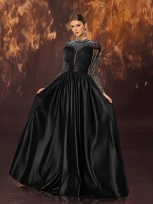Elisanya 女士优雅网眼亮片缀饰缎领派对礼服，黑色长袖正式晚会舞会礼服，适合婚礼嘉宾、毕业典礼、晚宴 - 黑色 - 查看 4