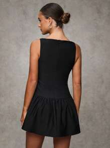 SHEIN BAE 女士纯色荷叶边下摆圆领无袖优雅迷你连衣裙，黑色返校节礼服，返校节礼服，短款礼服，黑色迷你连衣裙 - 黑色 - 查看 2