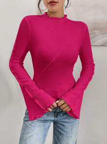 SHEIN Essnce Women's Spring/Summer Solid Color Stand Collar Long Sleeve Slim Fit T-Shirt With Ruffled Edge - Hot Pink - View 4