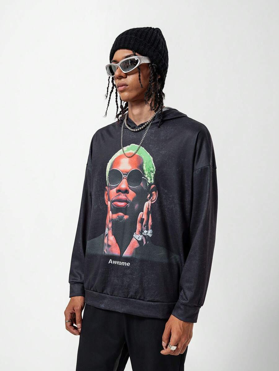 SHEIN 青少年男童休闲时尚人像图案长袖卫衣 - 黑色 - 查看 1