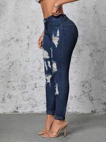 SHEIN SXY Quần Jeans Denim Skinny Thường Ngày Có Túi Cũ Cho Nữ - Rửa tối - Xem 6