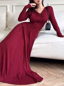 Feyla Vestido largo elegante de mujer color rojo burdeos con cintura ajustada, para primavera y otoño - Burdeos - Ver 5