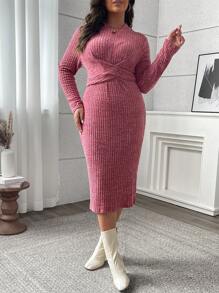 Flirla Plus Size Women's Spring & Autumn Solid Color Round Neck Long Sleeve Cross Waist Side Slit Hem Fitted Dress Fall Cloth For Women - Hot Pink - View 5