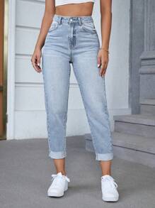 SHEIN Essnce Pantalon denim court et décontracté pour femmes avec ourlet roulé et poches