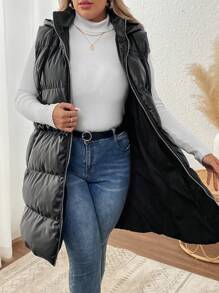 SHEIN VCAY Plus Size Solid Color Sleeveless Front Zipper Minimalistic Hooded Padded Coat