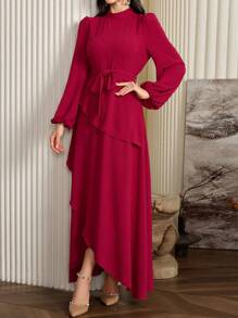 Modelyn 女士优雅束腰修身不对称袖长连衣裙 - 玫紅色 - 查看 3