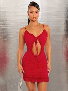 SHEIN SXY Vestido festivo com recorte de renda e guarnição de coelho feminino fantasia sexy mini saia vermelha feminina - Vermelho - Ver 3
