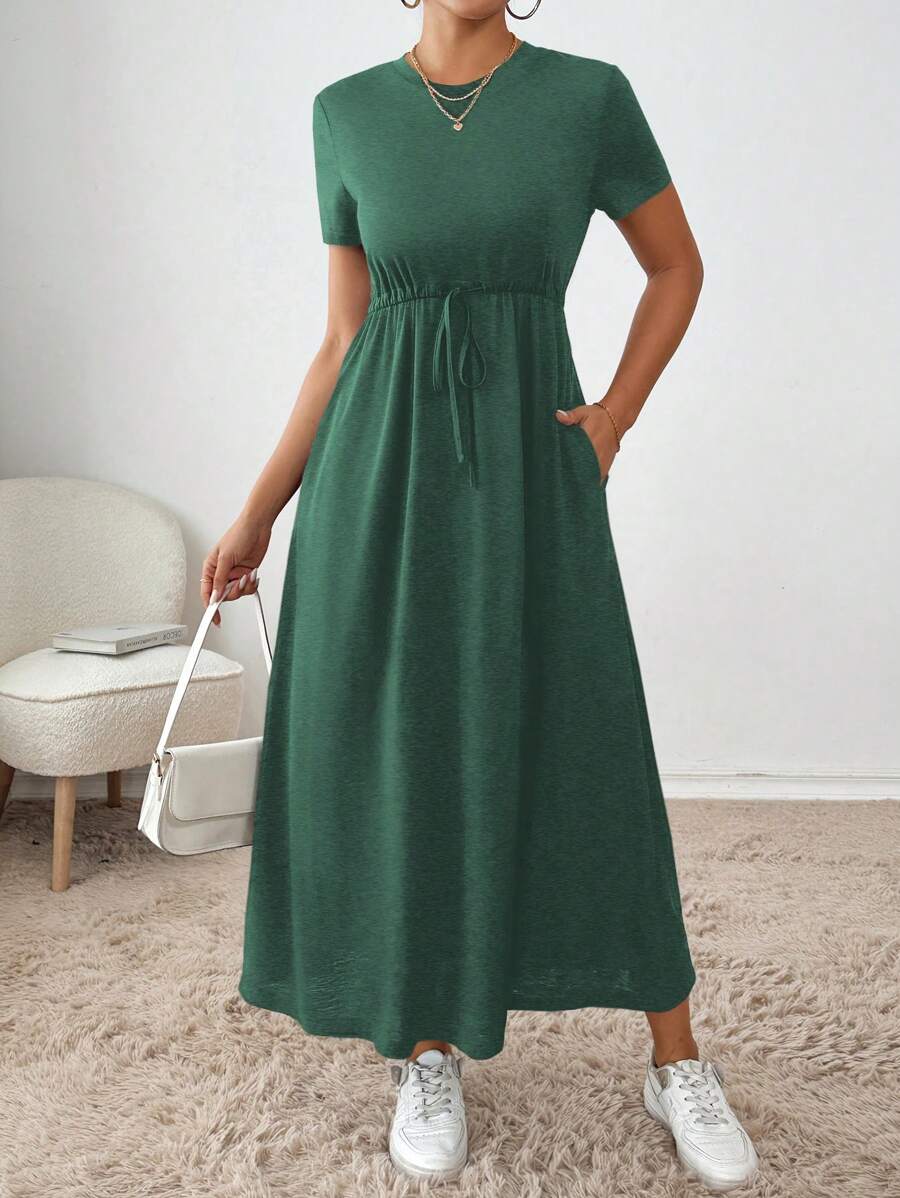 SHEIN Essnce 女士休闲纯色抽绳腰夏季连衣裙 - 墨綠色 - 查看 1