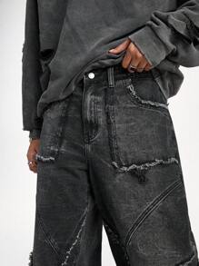 PAVTROS Manfinity Streetrush Men's Black Washed Denim Patchwork Loose Wide-Leg Pants Plain Wide Leg Oversize Jeans, For Husband, Boyfriend Gifts, Grunge - Black - View 3
