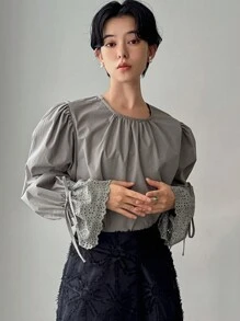 FRIFUL Women Simple Solid Color Block Round Collar Long Sleeve Casual Shirt,Ruffle,Fall Clothes - Grey - View 7