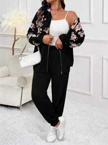 EMERY ROSE Taglia comoda Donna 2 pezzi/Set, giacca con cappuccio con chiusura lampo e stampa floreale a maniche lunghe, pantaloni con polsini elasticizzati, autunno/inverno