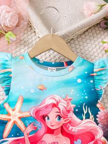 SHEIN Young Girl Casual Comfortable Breathable Cartoon Frozen Princess Cap Sleeve Printed T-Shirt Dress, For Outdoor - Multicolor - View 5