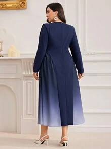 Modelyn 大码女式渐变色下摆圆领长袖优雅连衣裙，适合春秋季节 - 彩色 - 查看 6