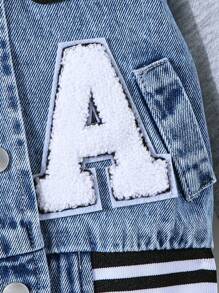 SHEIN Playful Pals 男婴街头时尚休闲牛仔布拼布针织夹克，带刺绣拼布和罗纹袖口 - 中等水洗藍 - 查看 7