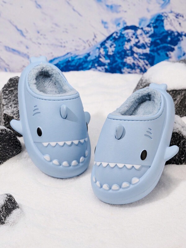 1pair Children Shark Design House Slippers For Girls, Warm Lining, Indoor Outdoor Wear, Autumn Winter