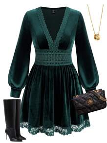 SHEIN Unity 大码女式春夏纯色撞色蕾丝灯笼袖优雅连衣裙 - 墨綠色 - 查看 1