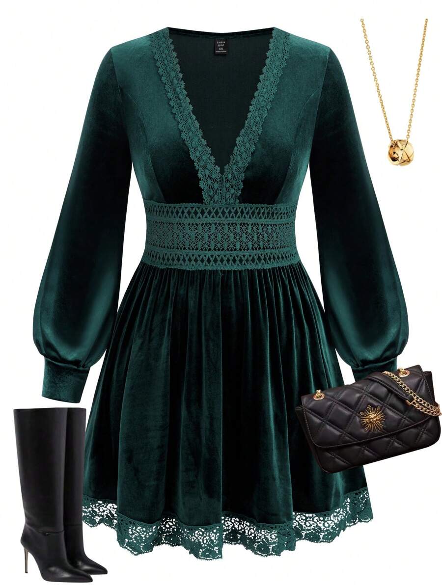 SHEIN Unity 大码女式春夏纯色撞色蕾丝灯笼袖优雅连衣裙 - 墨綠色 - 查看 1