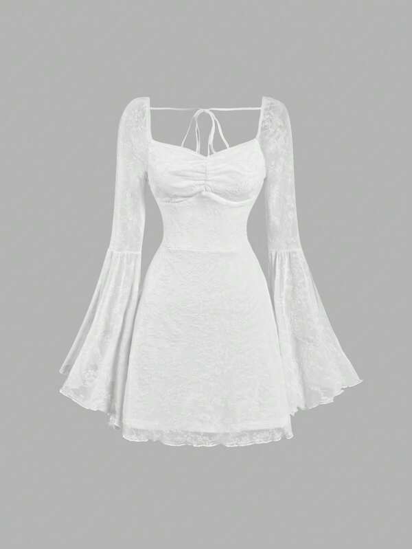 SHEIN MOD Women's Solid Color Lace Bell Sleeve Ruched Elegant A-Line Dress, Summer