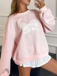 DAZY Women's Embroidered Crew Neck Fleece Sweatshirt Fall,Winter - Pink - View 2