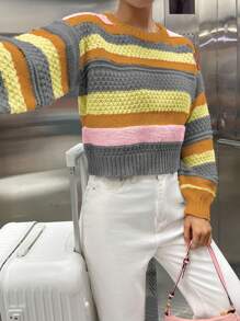 SHEIN Unity 圆领长袖条纹简约套头毛衣，休闲日常穿着