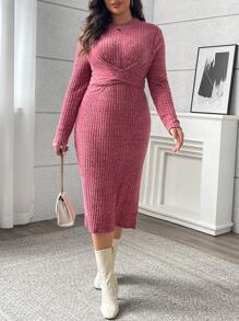 Flirla Plus Size Women's Spring & Autumn Solid Color Round Neck Long Sleeve Cross Waist Side Slit Hem Fitted Dress Fall Cloth For Women - Hot Pink - View 7