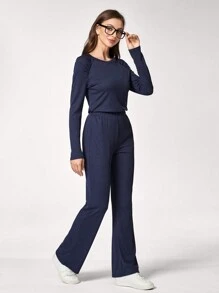 TaskEZ Set Scrub Uniforms - Simple Round Neck Long Sleeve Top And Pants - Navy Blue - View 9