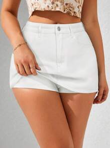 SHEIN Privé Plain Front Button Casual Denim Shorts - White - View 1