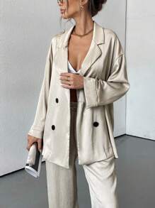 Aveloria Modichic 女士秋季两件套纹理套装休闲纽扣衬衫阔腿裤套装家居服运动服优雅商务休闲女装 - 米色 - 查看 6
