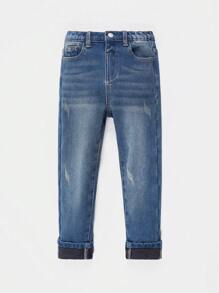 男童休闲保暖基本款猫须高弹力修身蓝色保暖内衬牛仔裤，适合男童秋冬季穿着 - 中等水洗藍 - 查看 3