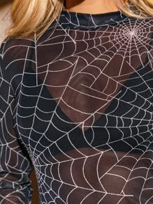 Amorya Women's Stand Collar Long Sleeve Spider Web All Over Print Sheer Casual Blouse - Black and White - View 7