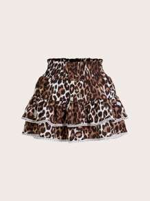 SHEIN Unity Women's Summer Leopard Print Puff Tulle Lace Hem Skirt - Multicolor - View 1