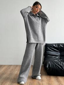 Flirla 2pcs Women's Solid Color Drop Shoulder Long Sleeve Zipper Mock Neck Loose Casual Sweater And Long Pants Set, Autumn & Winter Fall Cloth For Women - Grey - View 6
