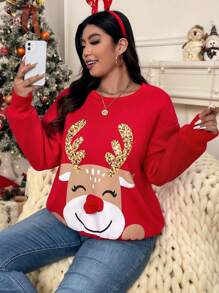 SHEIN VCAY 秋冬大码圣诞卡通印花卫衣 - 紅色 - 查看 4