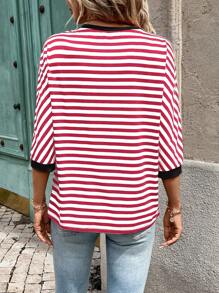 SHEIN LUNE Czarno-biała, w paski, patchworkowa, pomarańczowa, swobodna, uliczna koszulka z długim rękawem dla kobiet - Czerwony - Zobacz 2