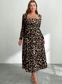 Firerie Plus Leopard Print Square Neck Dress - Multicolor - View 6